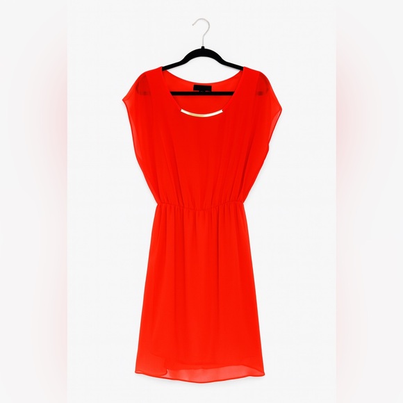 AB Studios Women’s Size Large Orange Pull-On Dress Gold Bar Neck Accent Lined - Picture 1 of 2